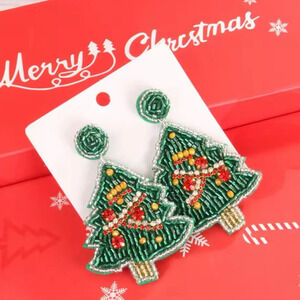 Christmas Tree Green Beaded Earrings